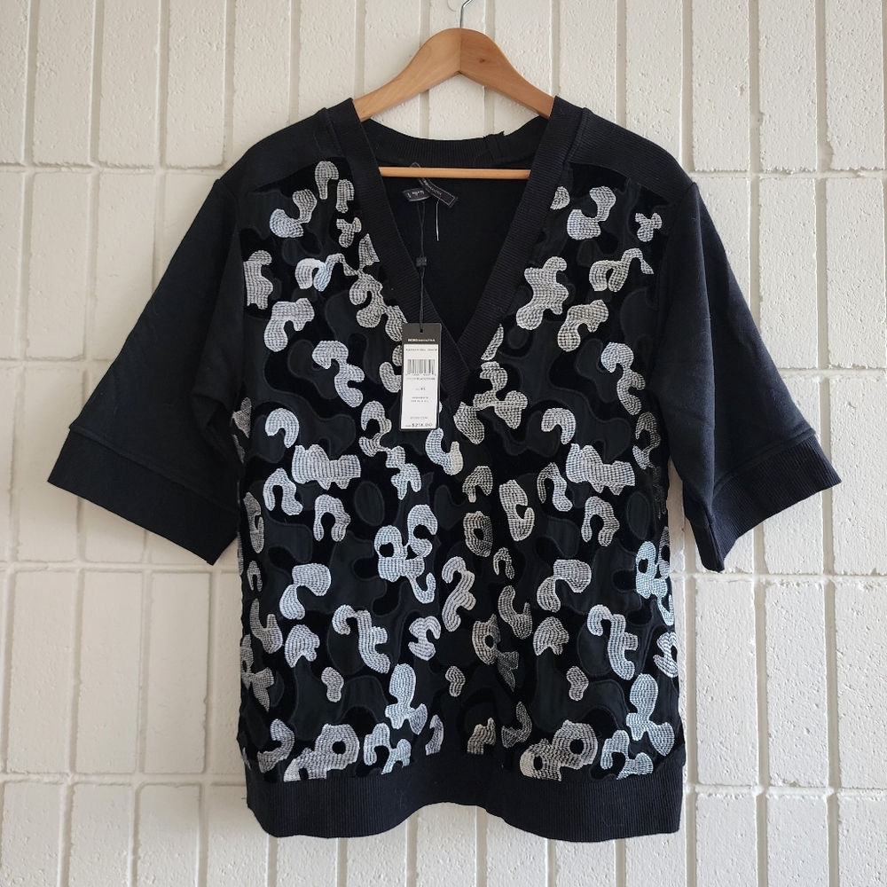 BCBG Maxazria Embroidered French Terry V-Neck Top Abstract Sheer Sweatsh…